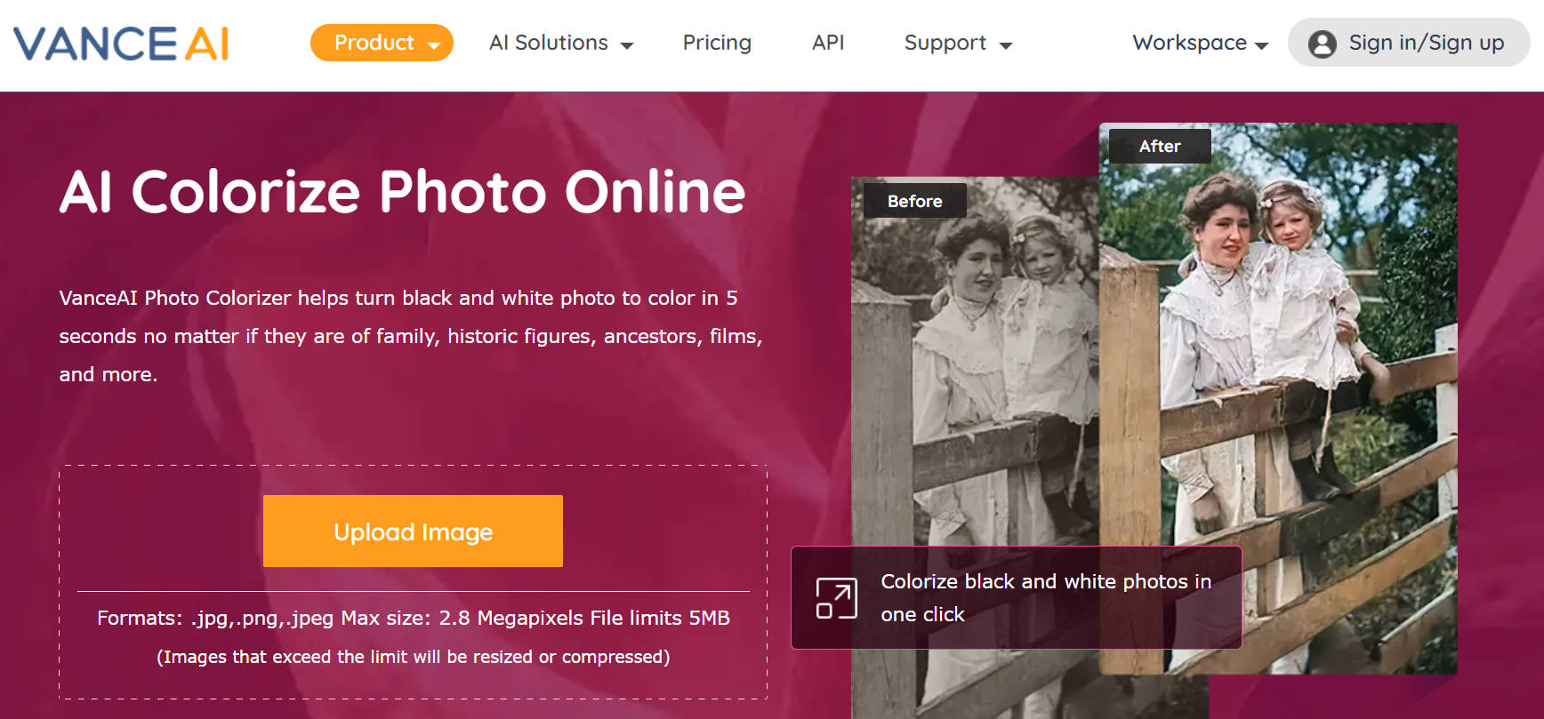 homepage of VanceAI Colorize